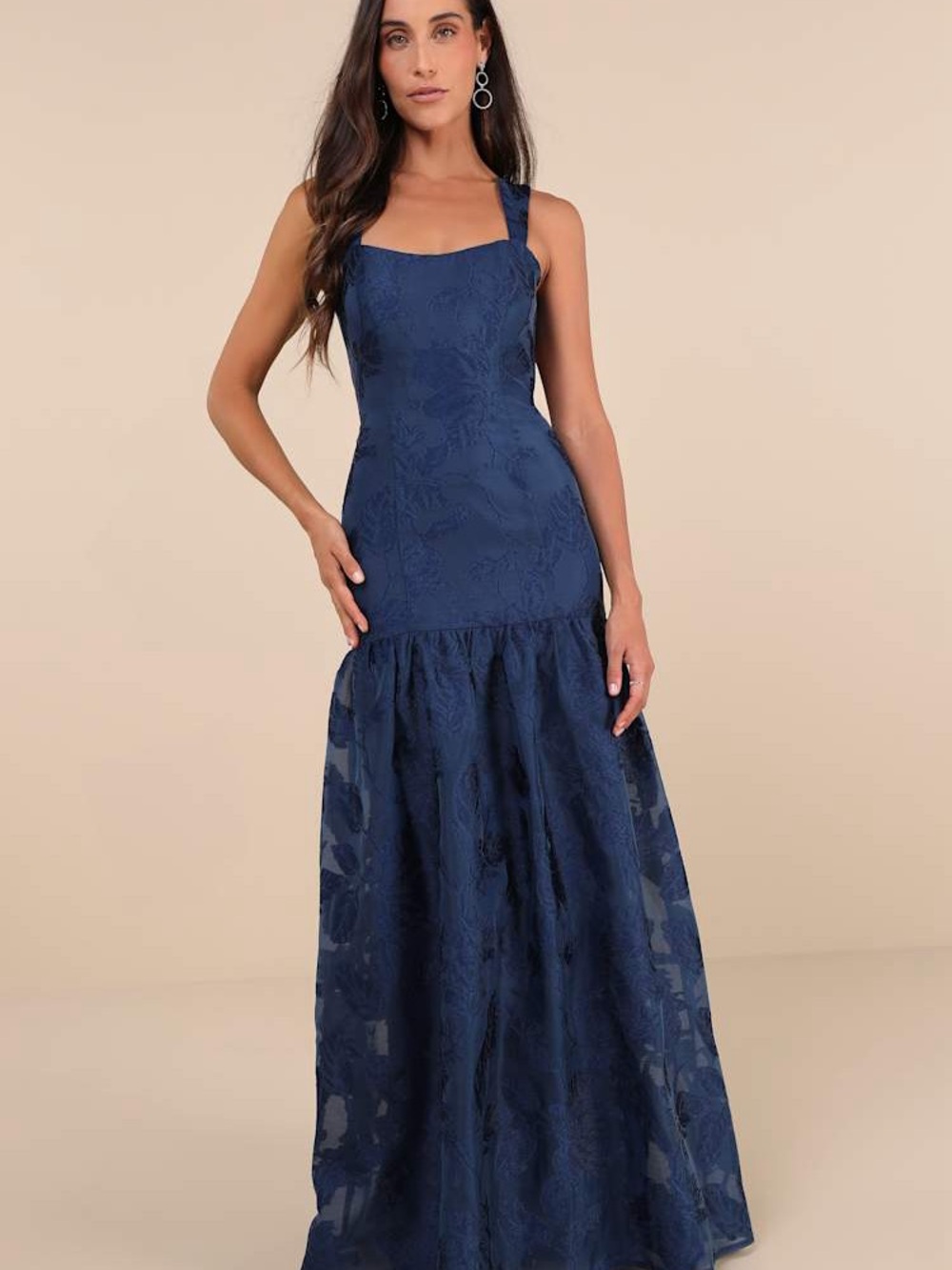 Lulu's Navy Blue Square-Neck Embroidered Maxi Dress